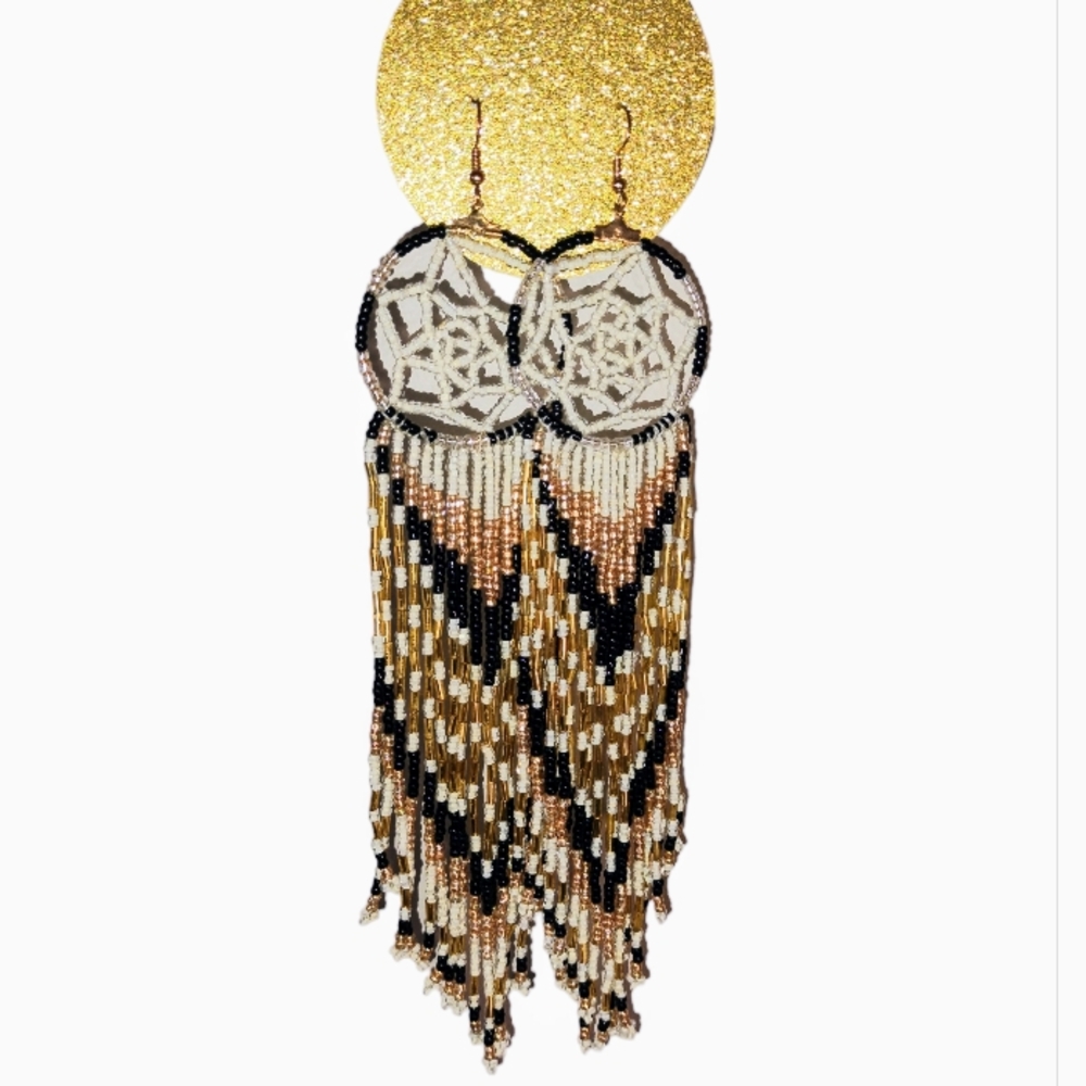 Beaded Black and Gold Dream Catcher Earrings